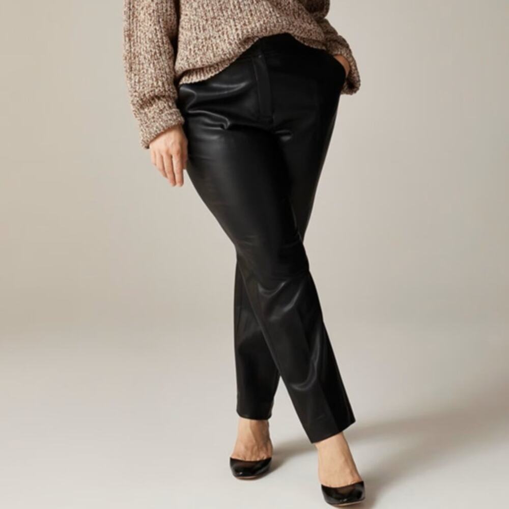 J.Crew Kate Pants SZ 14 Black Faux Leather Straight Leg Hi-Rise Zip Fly Stretchy